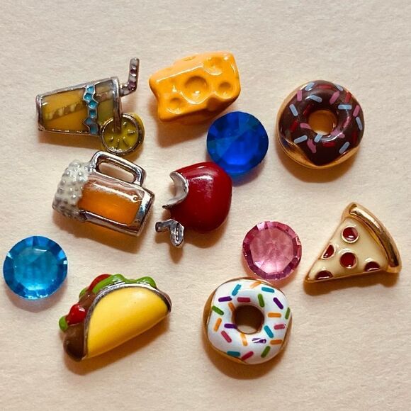 Origami Owl charms crystals hot dog, taco, doughnuts, Beer, pizza, cheese, Apple - Picture 1 of 3